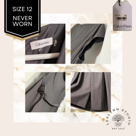 CALVIN KLEIN GRAY WOVEN CAP SLEEVE BELTED DRESS SIZE 12 w/ ORIGINAL TAGS - Picture 2 of 14